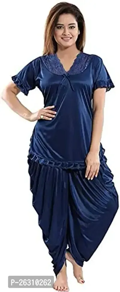 Stylish Regular Navy Blue Solid Satin Nighty For Women, Pack Of 1