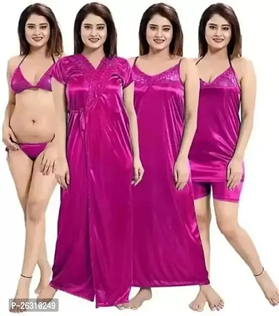 Stylish Regular Pink Solid Cotton Blend Nighty Set For Women, Pack Of 4-thumb0