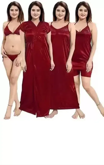 womens solid Satin nightdress set of piece ( Maroon)