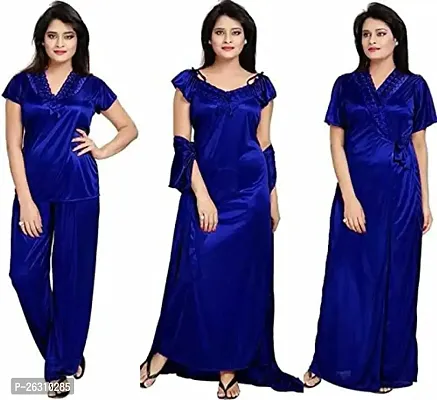 Stylish Regular Blue Solid Satin Nighty For Women, Pack Of 3-thumb0