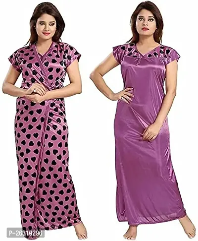 Stylish Regular Purple Solid Satin Nighty For Women, Pack Of 2