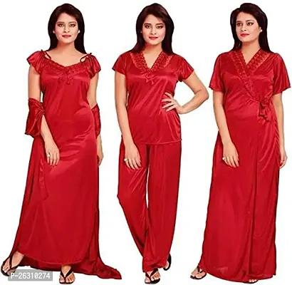 Stylish Regular Red Solid Satin Nighty For Women, Pack Of 3-thumb0