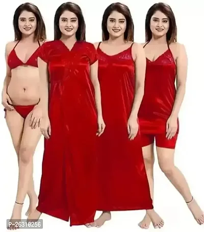 Stylish Regular Red Solid Cotton Blend Nighty Set For Women, Pack Of 4