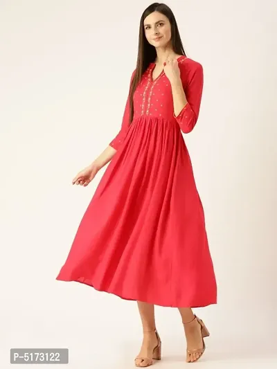 Pink Embroidered Viscose Rayon Fit  Flare Dress-thumb0