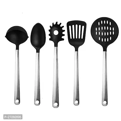 Nylon Kitchen Serving Set Nonstick Kitchen Cook And Serve Utensils Set Heat Resistant Pasta Server Serving Spoon Spatula Turner Scoop Deep Ladle Skimmer 5 Pcs