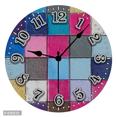 Classy Colourful Blocks Printed Round Wooden Clock Without Glass For Home-thumb0