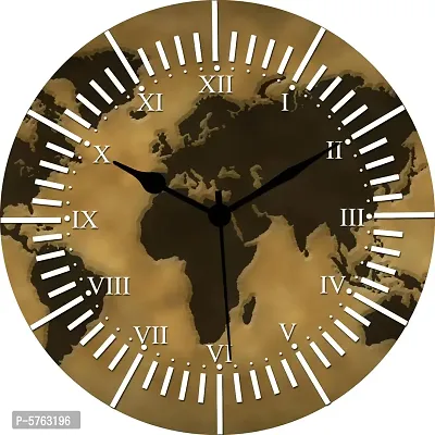 Designer Brown Globe Printed Round Wooden Clock Without Glass For Home