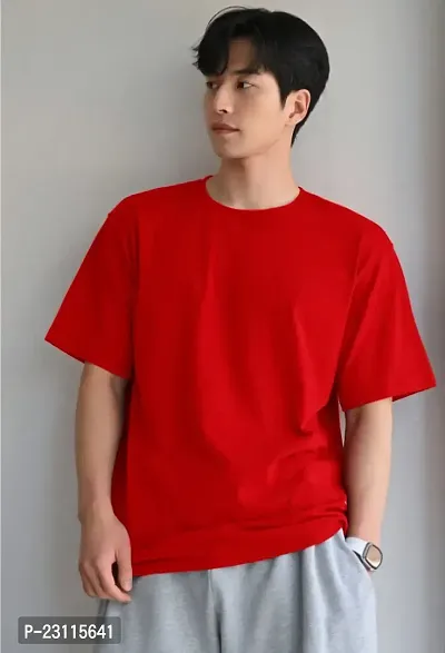 Men Solid Round Neck Cotton Blend Drop Shoulder Oversized T-Shirt Red-thumb0