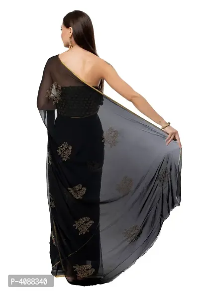 Women Beautiful Black Printed Chiffon Saree with Blouse piece-thumb3