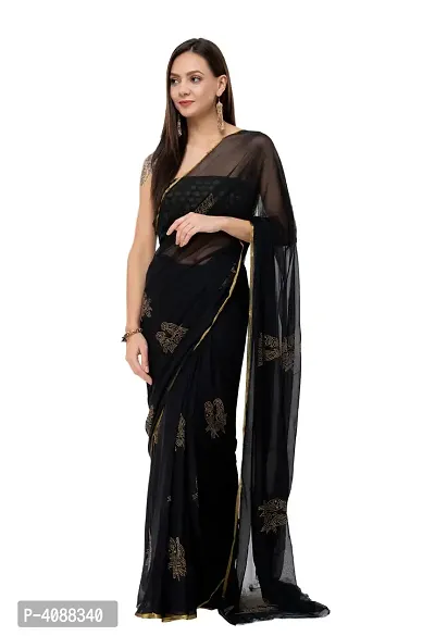 Women Beautiful Black Printed Chiffon Saree with Blouse piece-thumb0