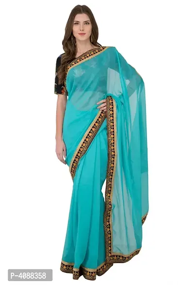 Women Beautiful Blue Solid Georgette Saree with Blouse piece