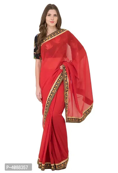 Women Beautiful Red Solid Georgette Saree with Blouse piece