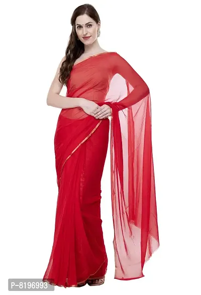 Solid Saree | Pure Chiffon with Blouse Piece Saree | (Red)-thumb0