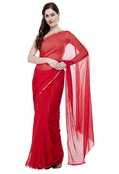 Bunny Creation Women's Plain Chiffon Saree With Blouse Piece (23_Red)