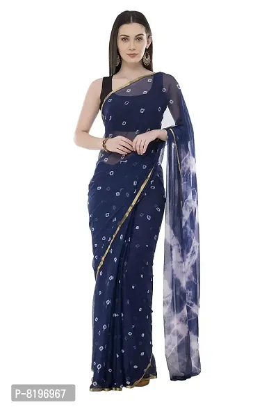 Saree For Womens Bandhej Silk Bandhani | Women's Chiffon Bandhej Bandhani With Blouse Piece | (Dark Blue)-thumb0