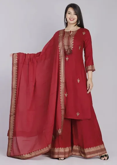 Stylish Rayon Kurta Bottom And Dupatta For Women