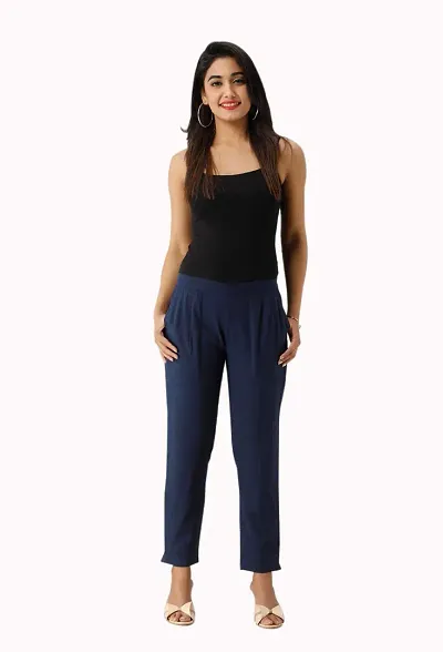 Women's Straight Fit Trousers (LIY-12FI88TR-S_Navy Blue_Small)