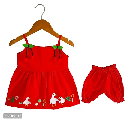Cute Cotton Red Duck Print Dress For Kids Girls