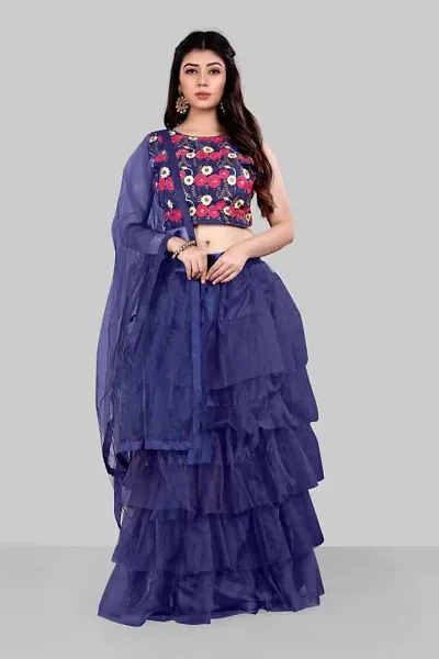Stylish Blue Net  Lehenga Choli Set With Dupatta For Women
