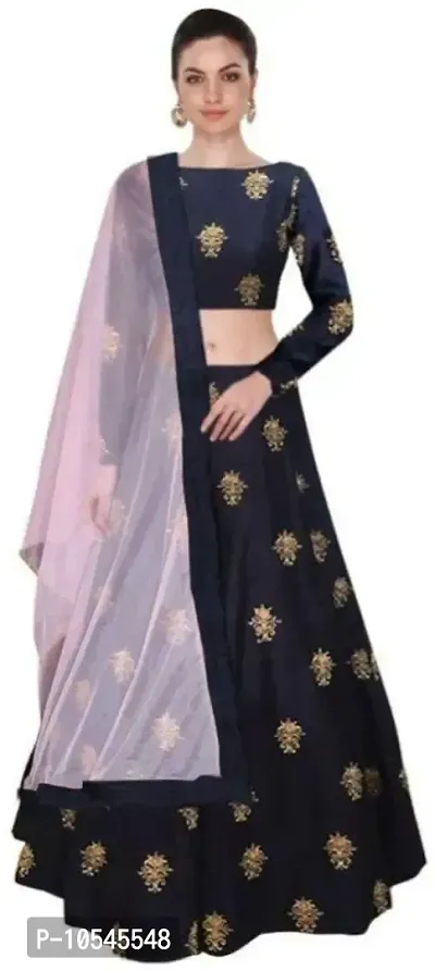 Stylish Blue Satin Silk  Lehenga Choli Set With Dupatta For Women-thumb0