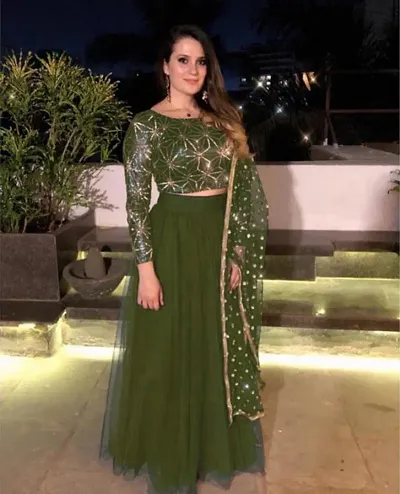 Stylish Green Net  Lehenga Choli Set With Dupatta For Women