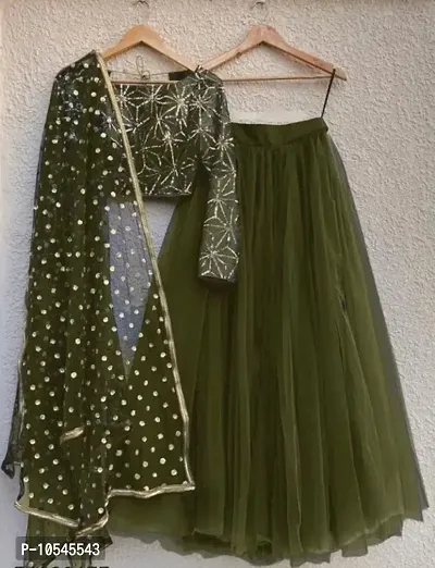 Stylish Green Net  Lehenga Choli Set With Dupatta For Women-thumb2