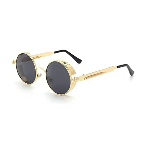 4Flaunt Disc Series UV Protected Steampunk Round Sunglasses For Men Women (Gold-Black)- Pack of 1