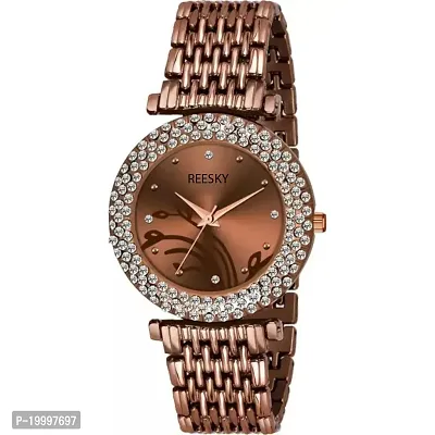Brown Bracelet Diamond Studded Dial Fancy Analog Watch - For Women