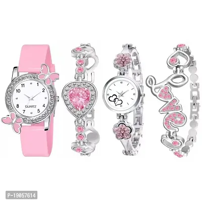 New Combo Of Pink Butterfly Designer  Pink Stone Watch and Two Bracelets