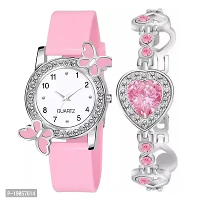 New Combo Of Pink Butterfly Designer  Pink Stone Watch and Two Bracelets-thumb3