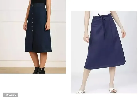 Elegant Navy Blue Denim Solid Skirts For Women Pack Of 2