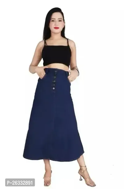 Elegant Navy Blue Denim Solid Skirts For Women-thumb0