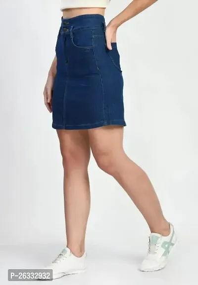 Elegant Navy Blue Denim Solid Skirts For Women-thumb0