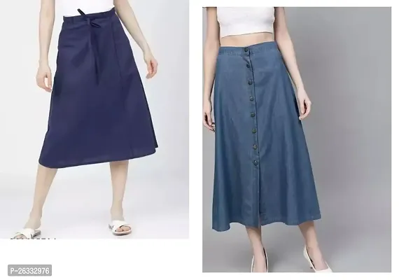 Elegant Navy Blue Denim Solid Skirts For Women Pack Of 2