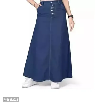 Elegant Navy Blue Denim Solid Skirts For Women-thumb0