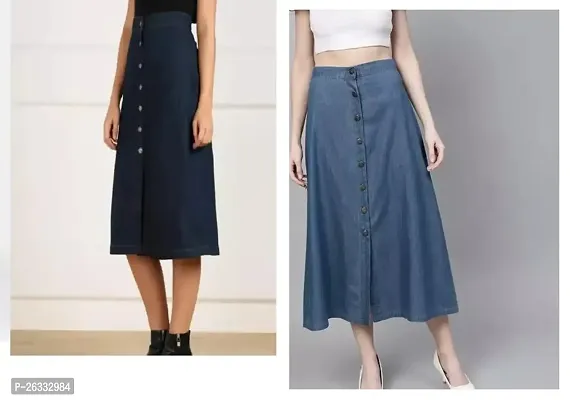 Elegant Navy Blue Denim Solid Skirts For Women Pack Of 2-thumb0