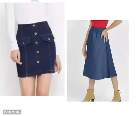 Elegant Navy Blue Denim Solid Skirts For Women Pack Of 2