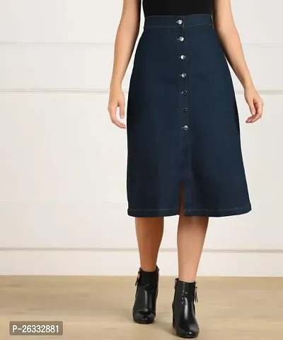 Elegant Navy Blue Denim Solid Skirts For Women