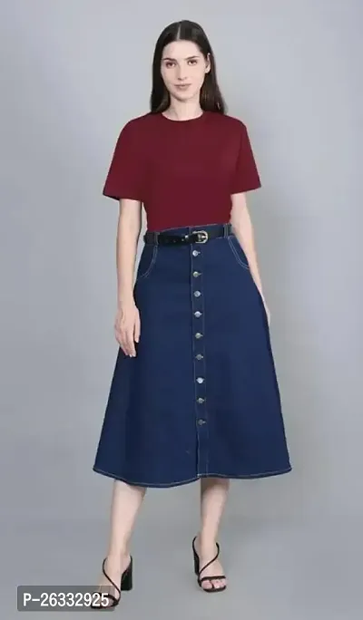 Elegant Navy Blue Denim Solid Skirts For Women