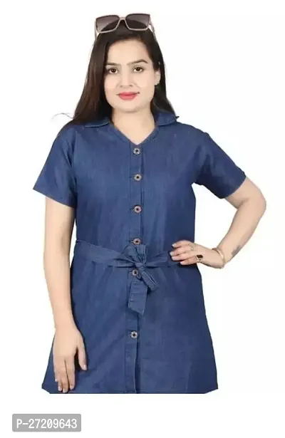 Trendy Women's Blue Color Solid Short Denim Dress PACK OF 1-thumb0