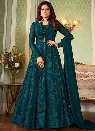 Om Creation Women's Faux Georgette Anarkali Semi Stitched Wedding Embroidered Gown (Salwar_Suit_JF171188 Turquoise Free Size)