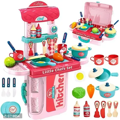 skiloriz 3 in 1 Kitchen Set for Kids Portable Pretend Play Little Chef Plastic Toys Set for Kids with Suitcase Role Play Cooking Kitchen Set Kids Toys for Girls  Boys (Pink)(3 in 1 Kitchen Set)