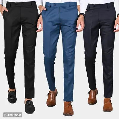 Navy Blue Polyester Blend Mid Rise Formal Trousers For Men Pack of 3-thumb0