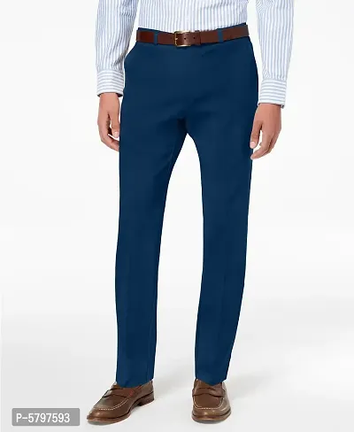 Blue Polycotton Mid Rise Formal Trousers for men