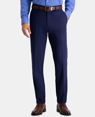 Elegant  Navy Blue Polycotton Regular Fit Solid Formal Trousers For Men