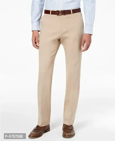 Beige Polycotton Mid Rise Formal Trousers for men