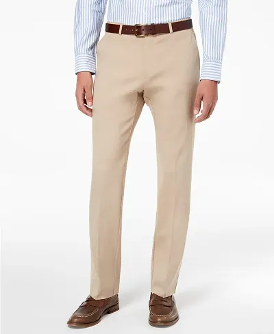 Elegant  Cream Polycotton Regular Fit Solid Formal Trousers For Men