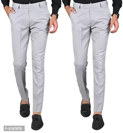 MANCREW Slim Fit Formal Trousers For Men- Light Grey, Light Grey Combo (Pack Of 2)
