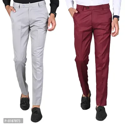 MANCREW Slim Fit Formal Trousers For Men- Light Grey, Maroon Combo (Pack Of 2)