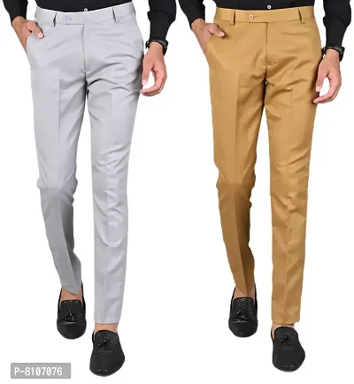 MANCREW Slim Fit Formal Trousers For Men- Light Grey, Khaki Combo (Pack Of 2)-thumb0